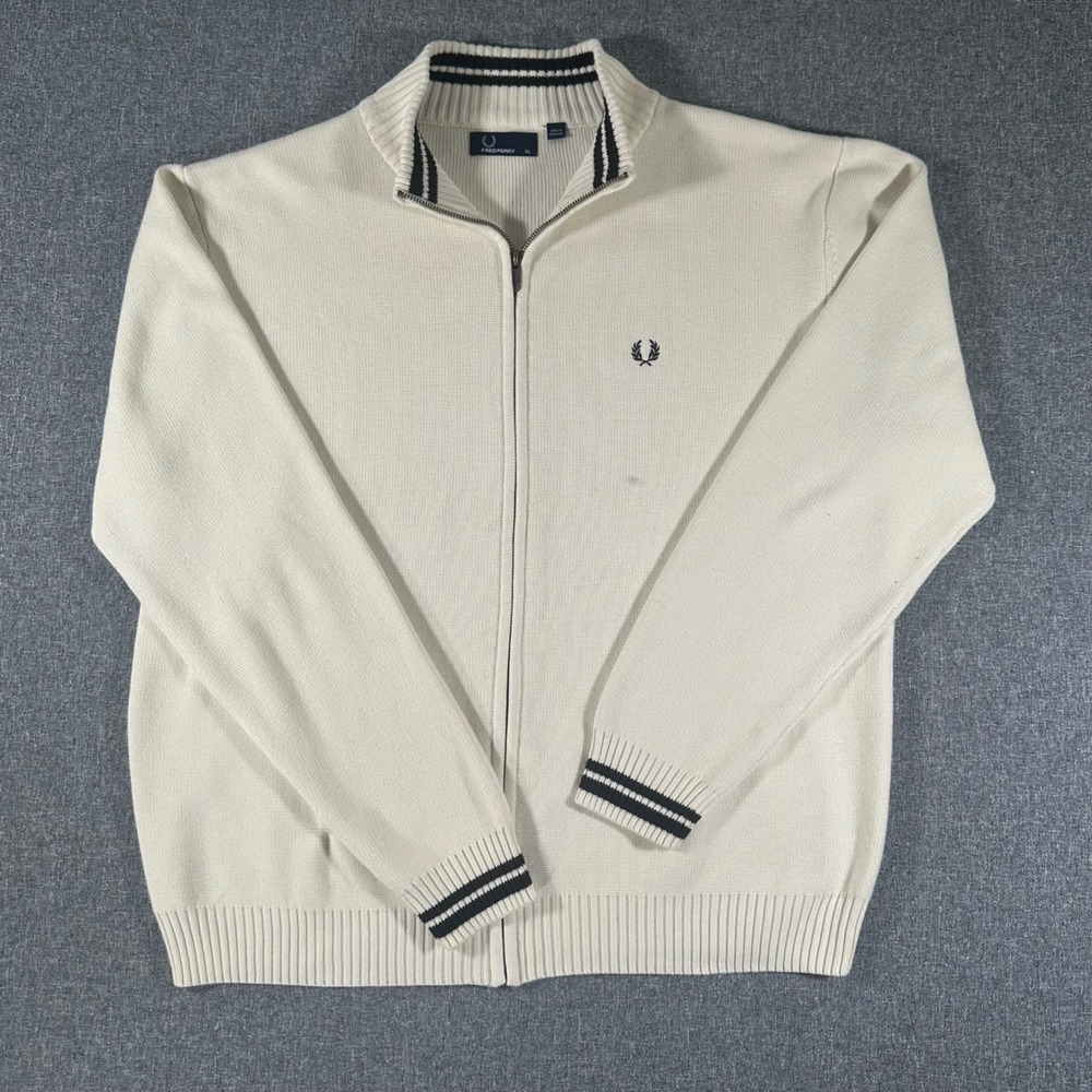 Fred Perry Men XL Half Zip Knit Sweater Cream Cardigan Twin Tipped Laurel Wreath